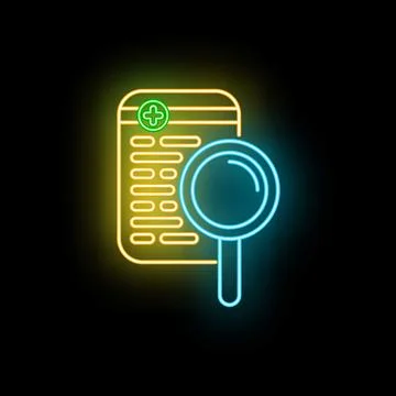 Medical record search and data research neon icon Stock Illustration