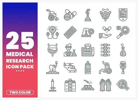 Medical research icon pack features detailed. two-color graphics on a clean.. Stock Illustration