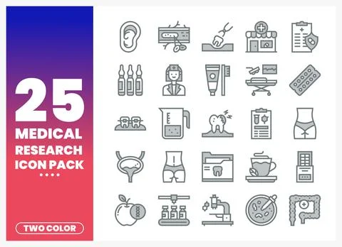 Medical research icon pack featuring two-color graphics with healthcare and.. Stock Illustration