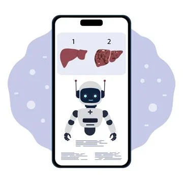 Medical robot concept on smartphone screen with liver illustration and info.. Stock Illustration