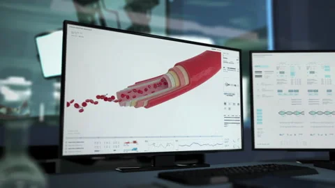 Medical scanner system is analyzing blood cells with nano robots inside of vein Stock Footage 283089129