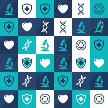 Medical science icons pattern with microscopes, DNA strands, hearts, and sh.. Stock Illustration