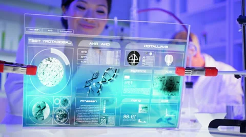 Medical Science Technology Asian Female Touch Screen DNA Research Analysis CG Stock Footage