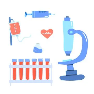 Medical science tools: microscope, test tubes, syringe, heart, infusion bag, Illustrazione stock