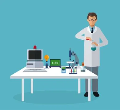 Medical scientist experiment laboratory elements on table Illustrazione stock