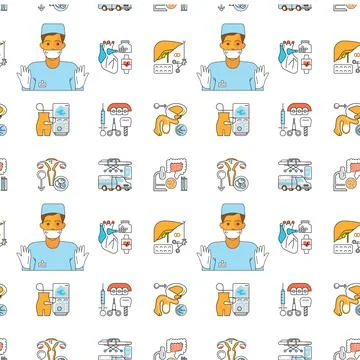 Medical seamless pattern in linear design. Hospital and healthcare elements. Stock Illustration