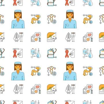 Medical seamless pattern in linear design. Hospital and healthcare elements. Stock Illustration