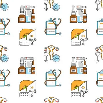 Medical seamless pattern in linear design. Hospital and healthcare elements. 스톡 일러스트