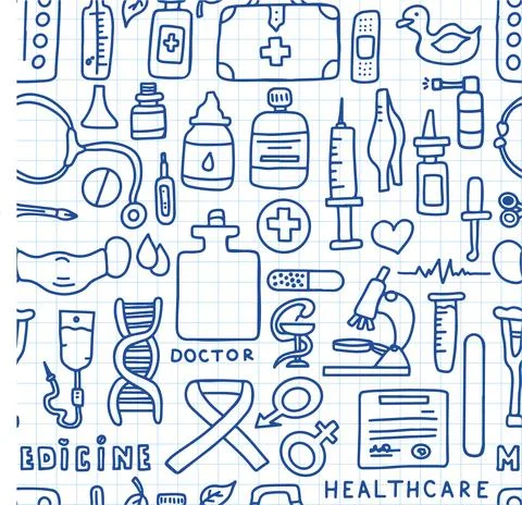 Medical seamless pattern. Medical doodle poster with medicines, test tubes and a Stock Illustration