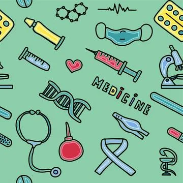 Medical seamless pattern. Medical doodle poster with medicines, test tubes and a Stock Illustration