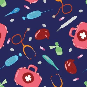Medical set seamless pattern. Vector illustration of a medical syringe, table Stock Illustration