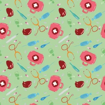 Medical set seamless pattern. Vector illustration of a medical syringe, table Stock Illustration
