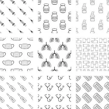 Medical set of seamless patterns from hand drawn doodle elements. Stock Illustration