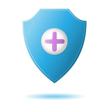 Medical shield vector icon blue glossy protection guard with pink cross Stock Illustration