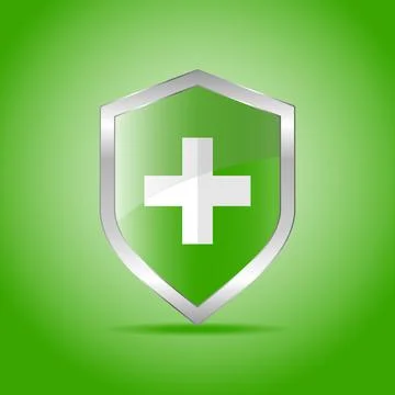 Medical shield vector icon green glossy protection guard with white cross Stock Illustration