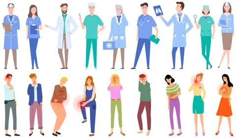 Medical specialists treating various diseases. People with sore body suffering Illustrazione stock