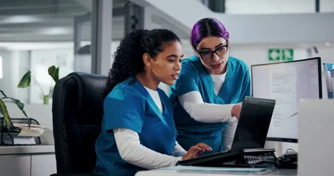 Medical staff, nurses or help with laptop in clinic for admin training, hospital Stock Footage 313648932
