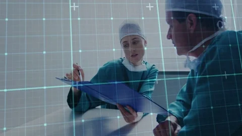 Medical staff opening blue folder, pointing and signing chart with AR grid Stock Footage 332746867
