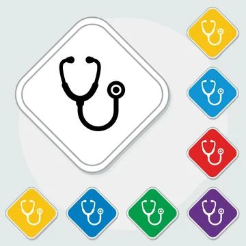 Medical stethoscope icon collection with multiple colored squares and a lar.. Stock Illustration