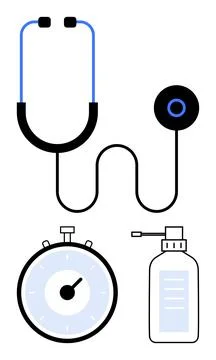 Medical Stethoscope, Timer, and Hand Sanitizer Essential Tools for Healthcare Stock Illustration