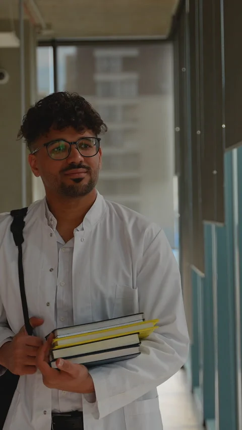 Medical student intern walking through corridor holding books Stock Footage 312846783