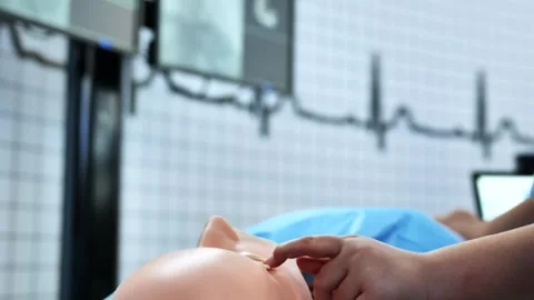 Medical student practicing first aid and CPR on a patient simulation mannequin Stock Footage 323377785