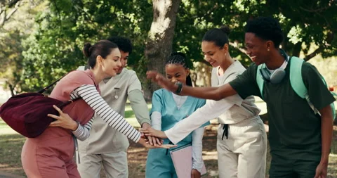 Medical, students and hand stack outdoor at university, college and study for Stock Footage 346766966