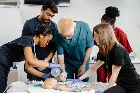 Medical Students Practicing Intubation Technique on Baby Mannequin during T.. Stock Photos