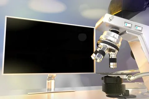 Medical study concept, microscope and monitor on bokeh background 스톡 일러스트
