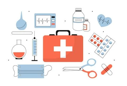 Medical suitcase items vector set Illustrazione stock