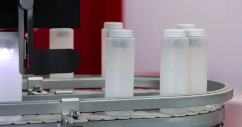Medical supplement empty bottles transported by moving assembly line Stock Footage 341872002