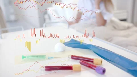 Medical supplies on bedside table, lab sending results, charts growing and Stock Footage 335317096