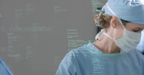 Medical surgeon receiving code input turning to patient studying glowing code Stock Footage 314433333