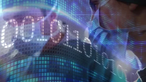 Medical surgeons analyzing rotating sphere ramping binary code intensifying Stock Footage 329110875