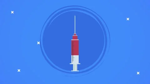 Medical syringe with red liquid inside animated on blue background, vaccine.. Stock Footage 334265675