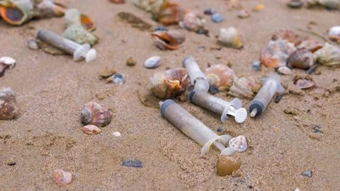 Medical syringes among the rapan shells in sand on sea beach after storm. Stock Footage 101621577
