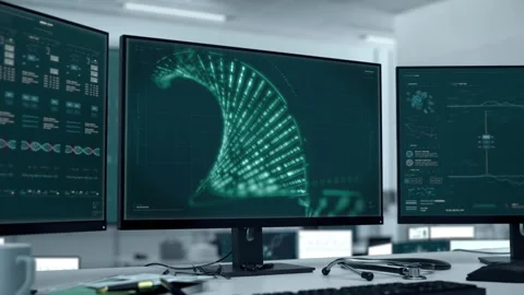 Medical system is inspecting the digital dna spiral on the computer screen Stock Footage 272788993