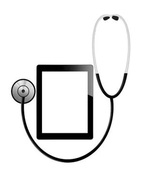 Medical tablet with empty screen and  stethoscope on white Fotos de archivo