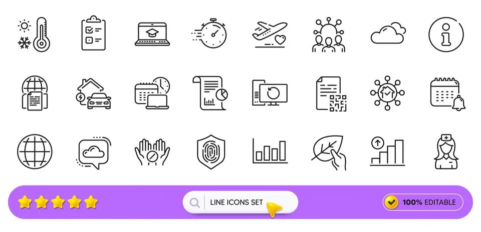 Medical tablet, Timer and Globe line icons for web app. Pictogram icon. Line Stock Illustration