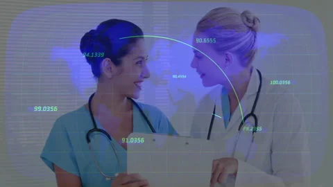 Medical team comparing clipboard data in clinic, with holographic world map and Stock Footage 308657503