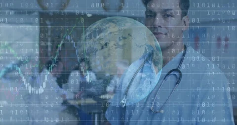Medical team discussing causing binary digits scrolling, globe fading charts Stock Footage 309894253