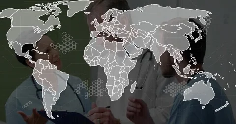 Medical team discussing data while world map showing connecting lines hex nodes Stock Footage 327528131