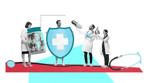 Medical team evaluating large pills and health shield. Expert medical care when Video stock 294699676