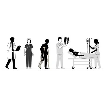 Medical team examining X-rays and caring for patient on hospital bed with I.. Stock Illustration