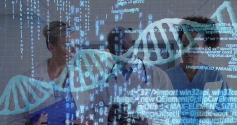Medical team scrolling tablets for DNA diagnosis causing code overlay and 3D Stock Footage 310437768