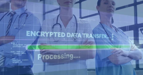 Medical team standing with stethoscopes, showcasing encrypted data transfer Stock Footage 307466058