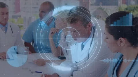 Medical team tapping tablet and analyzing patient data in meeting, with HUD Stock Footage 319853422