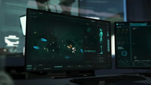 Medical tech interface is studying the paramecium cell for microbiology research Stock-Footage 182497745