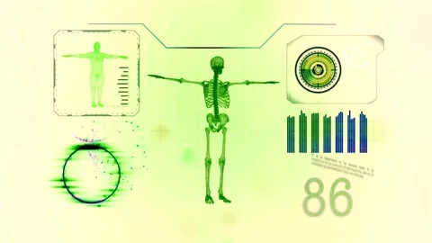 Medical technological background with skeleton and diagrams. Stock Footage 153472669