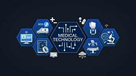 'MEDICAL TECHNOLOGY' and various future medical vector icon in hexagon, 4k. Stock Footage 104902793